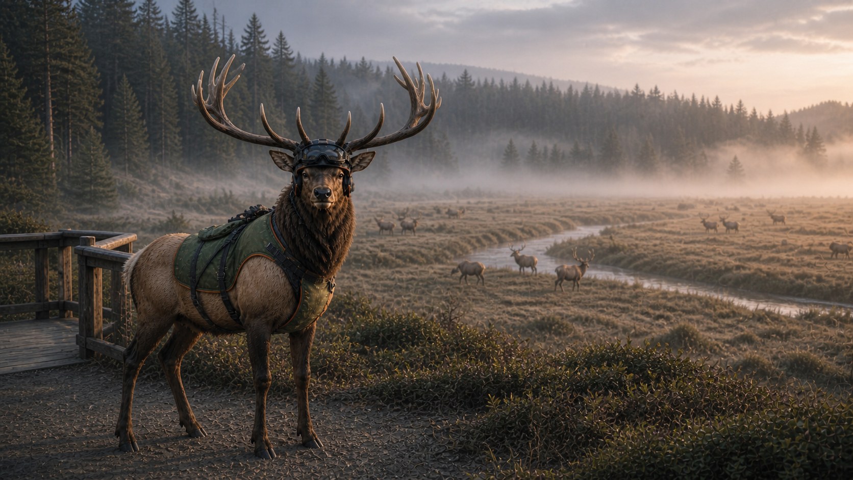 Dean, a true four-legged Roosevelt elk, looking toward the viewer above a wild herd moving through misty Dean Creek meadow
