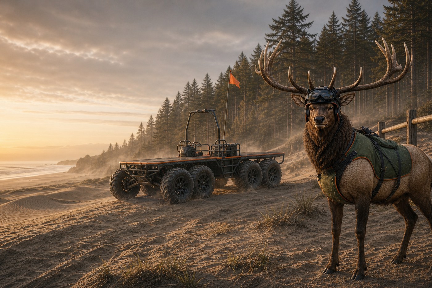 Dean, a natural four-legged Roosevelt elk, beside his antler-clear carrier above the Oregon coast