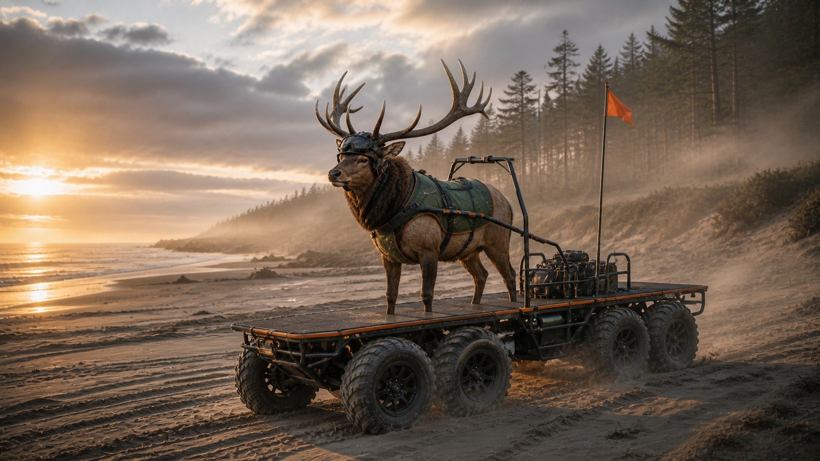 Dean, a full four-legged Roosevelt elk, riding an antler-clear six-wheel carrier across misty forest-edged Oregon dunes