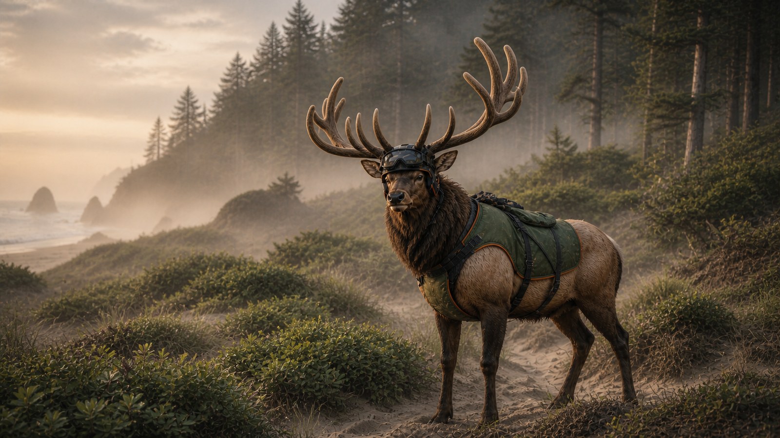 Dean standing on the misty Oregon coast with his mature fall rack