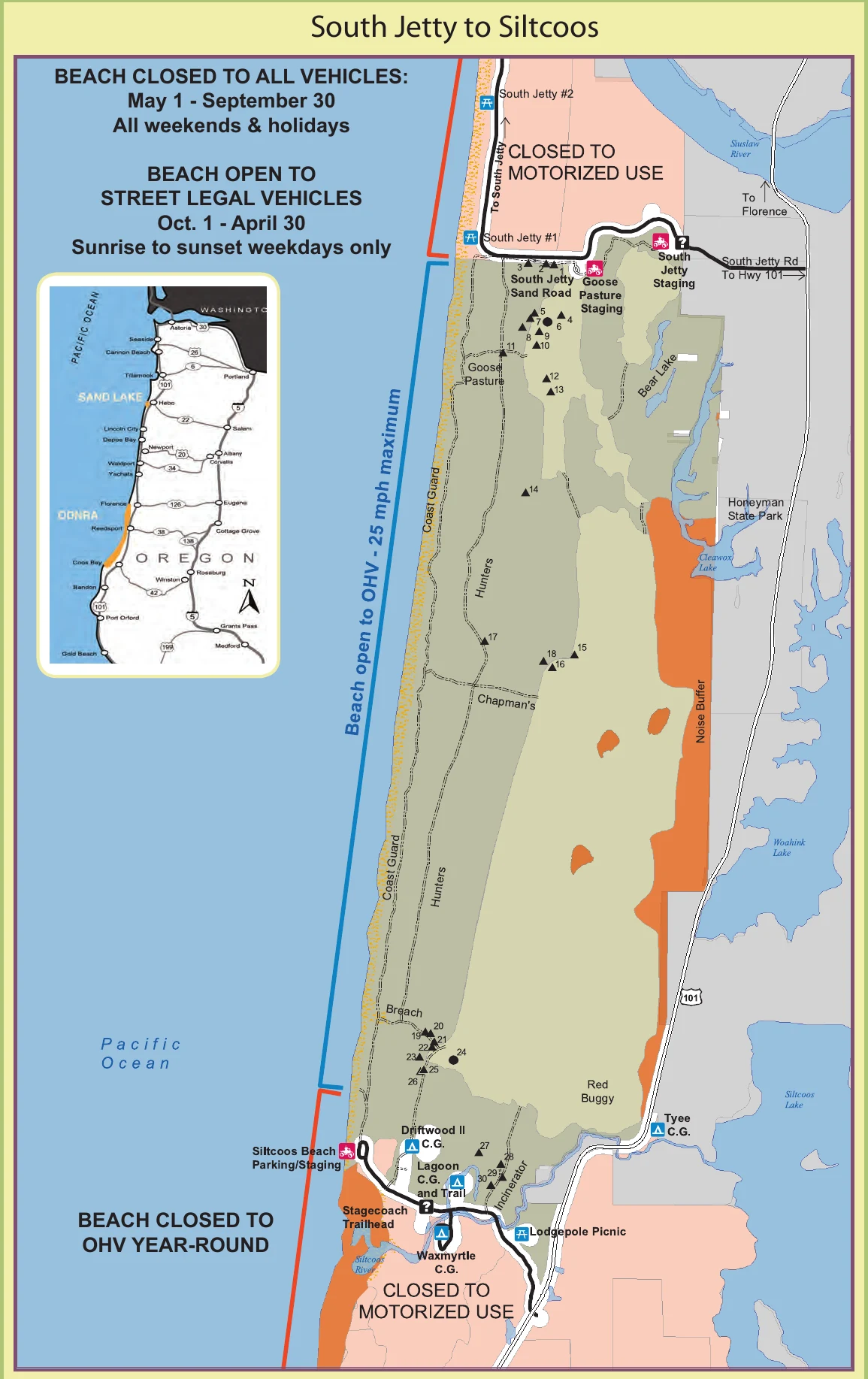 Official Forest Service map of the South Jetty to Siltcoos OHV riding area